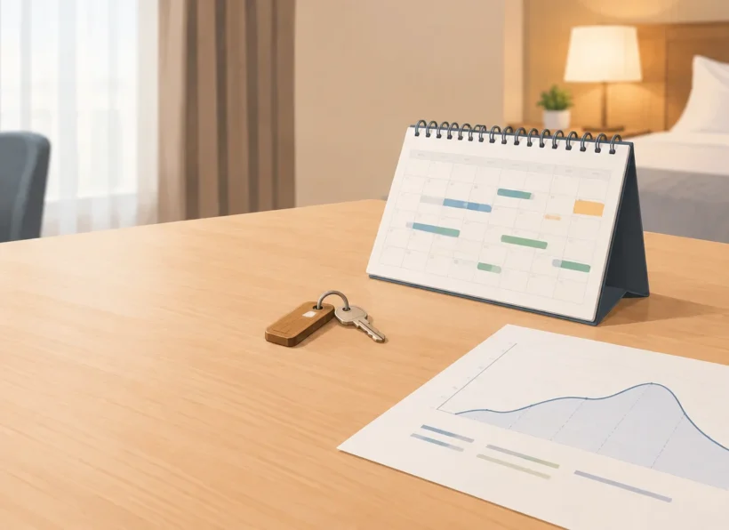 article-68998db0-1dc3-4f7d-a606-f0b7ed82331d-img-0 Calendario de reservas y llave de habitación para ilustrar el revenue management hotelero