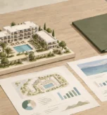 Maqueta de hotel y documentos de análisis de viabilidad