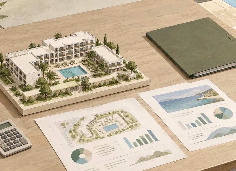 Maqueta de hotel y documentos de análisis de viabilidad