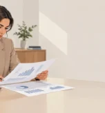 Profesional hotelera revisa datos de ingresos y reservas en una mesa de trabajo