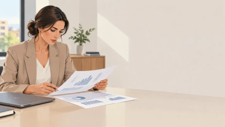 Profesional hotelera revisa datos de ingresos y reservas en una mesa de trabajo