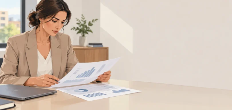 Profesional hotelera revisa datos de ingresos y reservas en una mesa de trabajo
