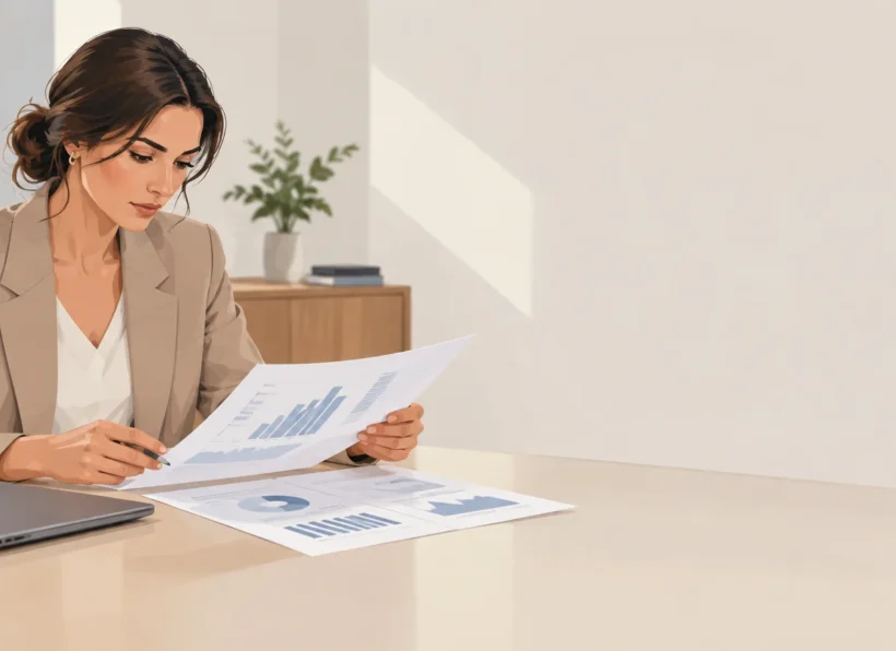 article-984680d8-a714-4762-ad32-8e27a9e8b031-img-0 Profesional hotelera revisa datos de ingresos y reservas en una mesa de trabajo