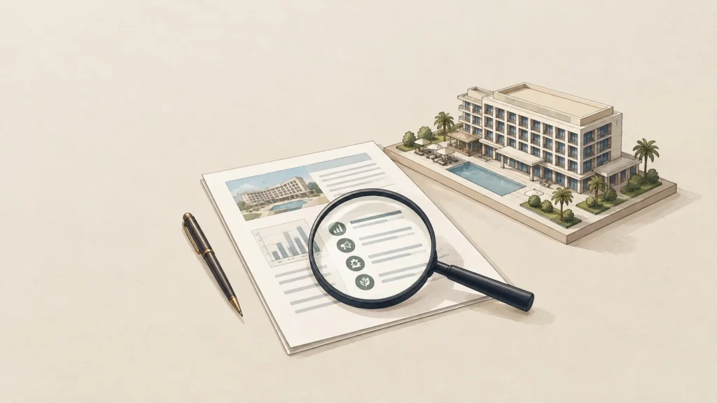 Propuesta de consultoría hotelera revisada con lupa junto a un hotel