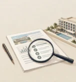 Propuesta de consultoría hotelera revisada con lupa junto a un hotel