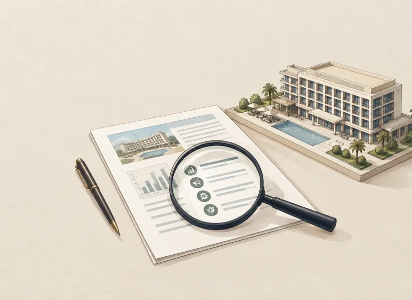 article-bd0c8ca1-6803-44dc-a48d-032967cc7dd7-img-0 Propuesta de consultoría hotelera revisada con lupa junto a un hotel