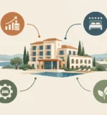 Ilustración de un hotel y sus áreas estratégicas conectadas
